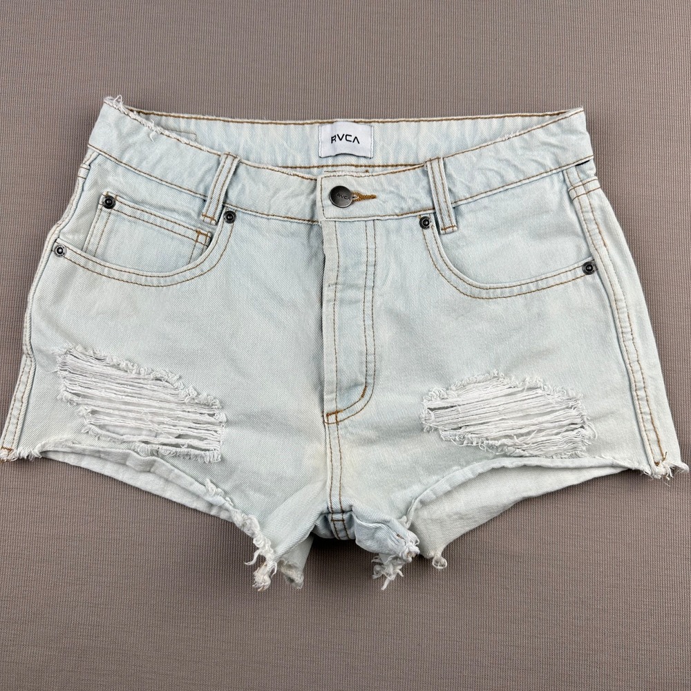 RVCA Womens Distressed Denim Shorts Light Wash High Rise Raw Hem Size 26